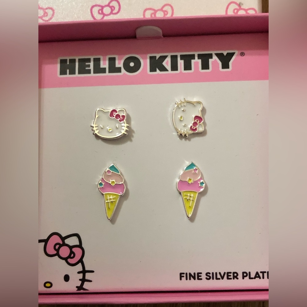 Hello kitty ice cream cone theme silver plated stud earrings 2pairs new